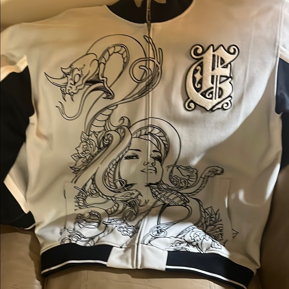 Vintage Marc Ecko Black and White Bomber Jacket with Artistic Graphics